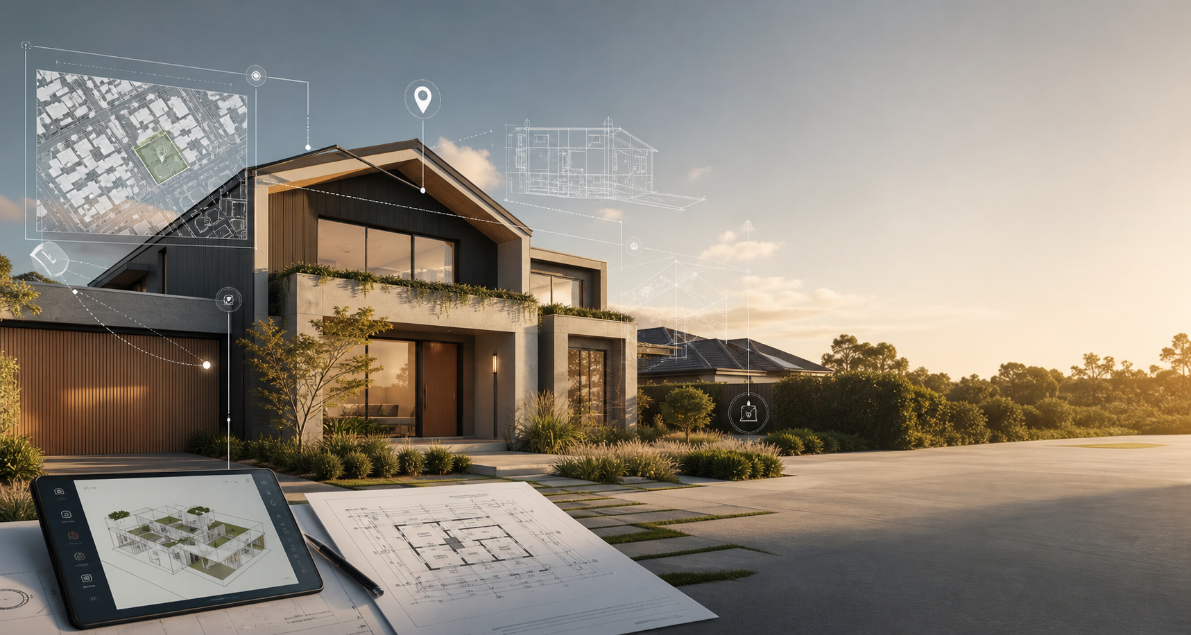Modern residential property design workflow with digital planning overlays